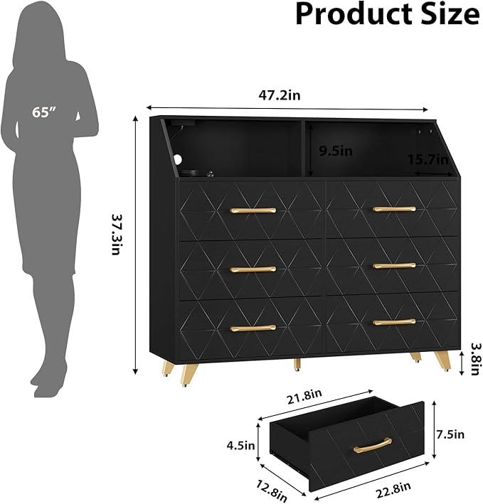6 Drawer Dresser with LED Lights & Charging Station, Wooden Black Dresser for Bedroom, Modern TV Stand Dressers & Chests Of Drawers for Closet, Hallway, Entryway