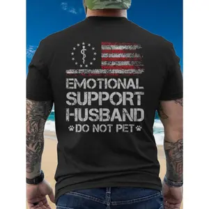 Men's Retro American Flag T-Shirt- Emotional Support Husband Please Don't Touch Back Print- Patriotic Casual T-Shirt, Gift for Husband, Suitable for Daily and Special Occasions- Lightweight Breathable Fabric- Plus Size Available- Fun Marriage Hu