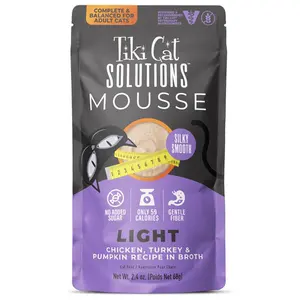 Tiki Cat Solutions Light Mousse, Chicken, Turkey & Pumpkin, Formulated to Support Healthy Trim and Fit, Functional Wet Cat for Adult Cats, 2.4 oz. Pouch (12 Count)