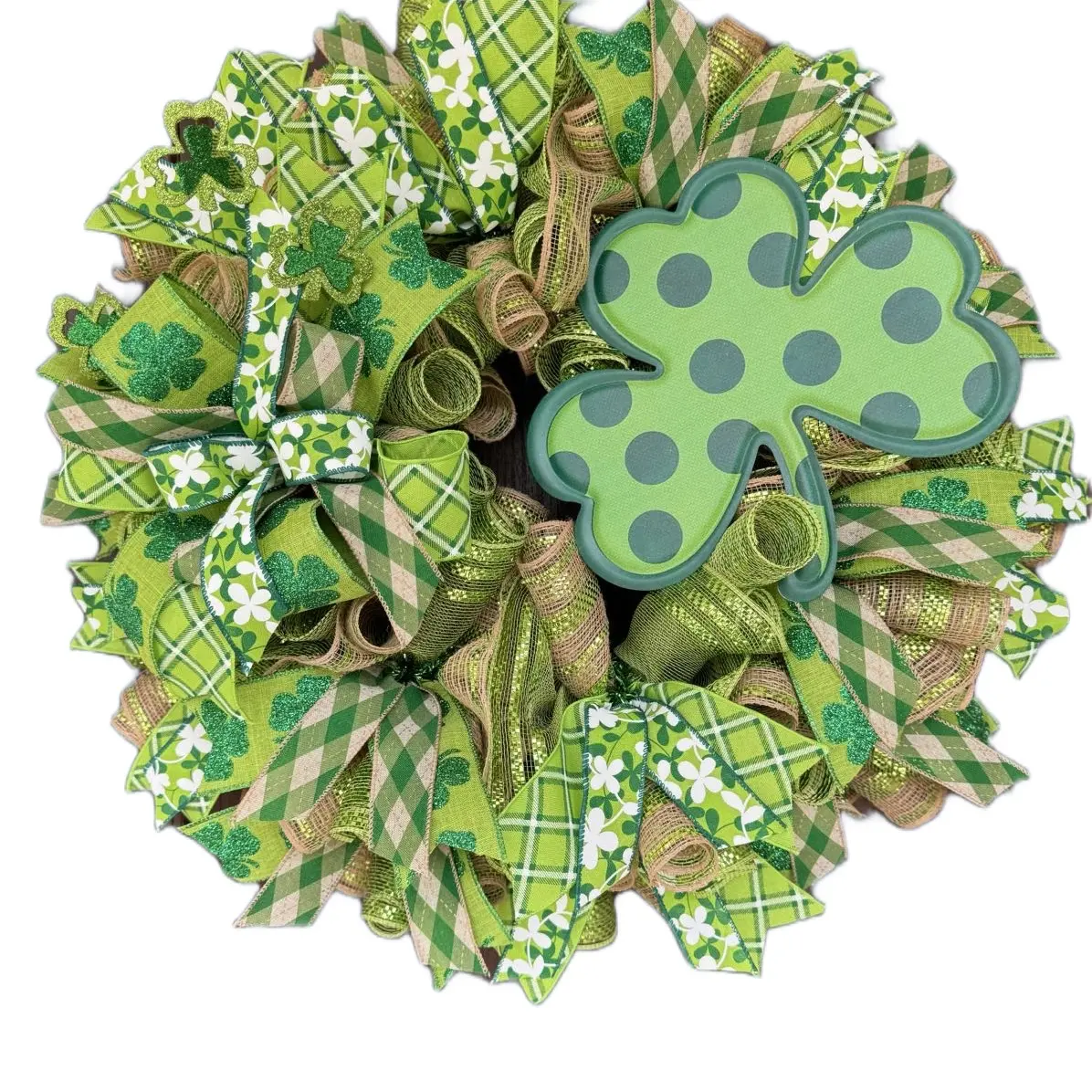 Shamrock Green 26” St Patrick’s Day Wreath Decor Clover Irish Mesh Metallic Ornaments Decoration Door