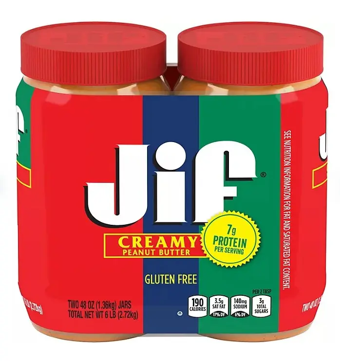 Jif Creamy Peanut Butter 48 oz 2 pk Gluten Free with 7g Protein Per Serving Sweet Dip 190 Calories per Jar