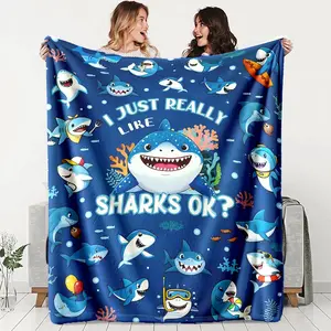 Cute Shark Theme Flannel Blanket, Soft and Warm, 100% Fiber, Perfect for Bed, Sofa, Office, Camping, Travel, Ideal Gift