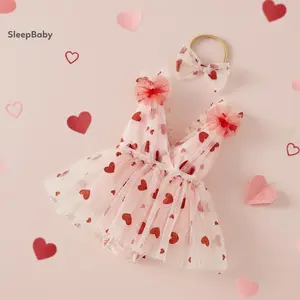 Toddler Adorable Baby Girls Summer Sleeveless Romper Dress Heart Print Tulle With Headband Photoshoot Wear Baby Valentine Gift Outfit