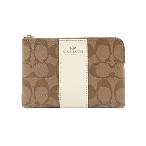 Coach Corner Zip 16 Small Leather Wristlet Clutch for Women, Monogram Style in Khaki and White