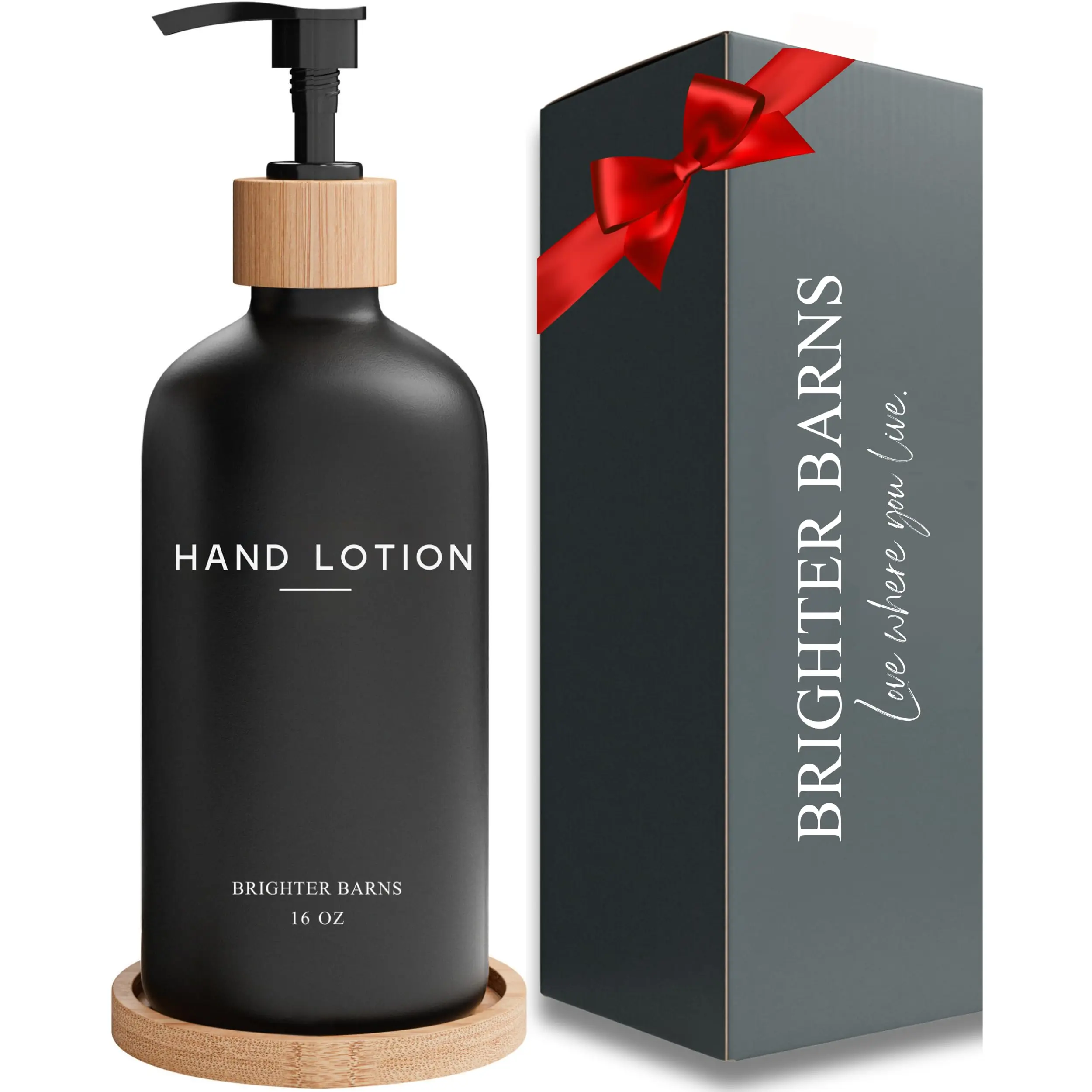 Black Glass Lotion Dispenser with Pump by Brighter Barns - Hand Lotion Dispenser Bathroom Set with Tray - Black Bathroom Accessories Set, Modern Bathroom Decor for RV, Spa, Living Room, Hotel (Black)