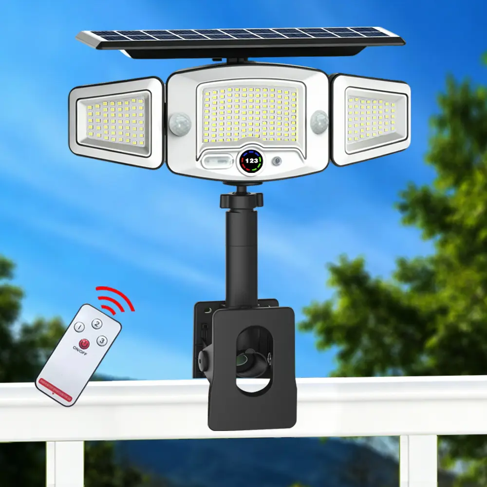 Upgraded Outdoor Clip-On Solar Motion Light - 3-Sided LEDs, Dual Sensors, 3 Modes with Remote, Solar+USB Dual Charge, 350° Adjustable Tri-Heads, IP65 Waterproof for Yard, Patio (Home Improvement Decking Lighting)