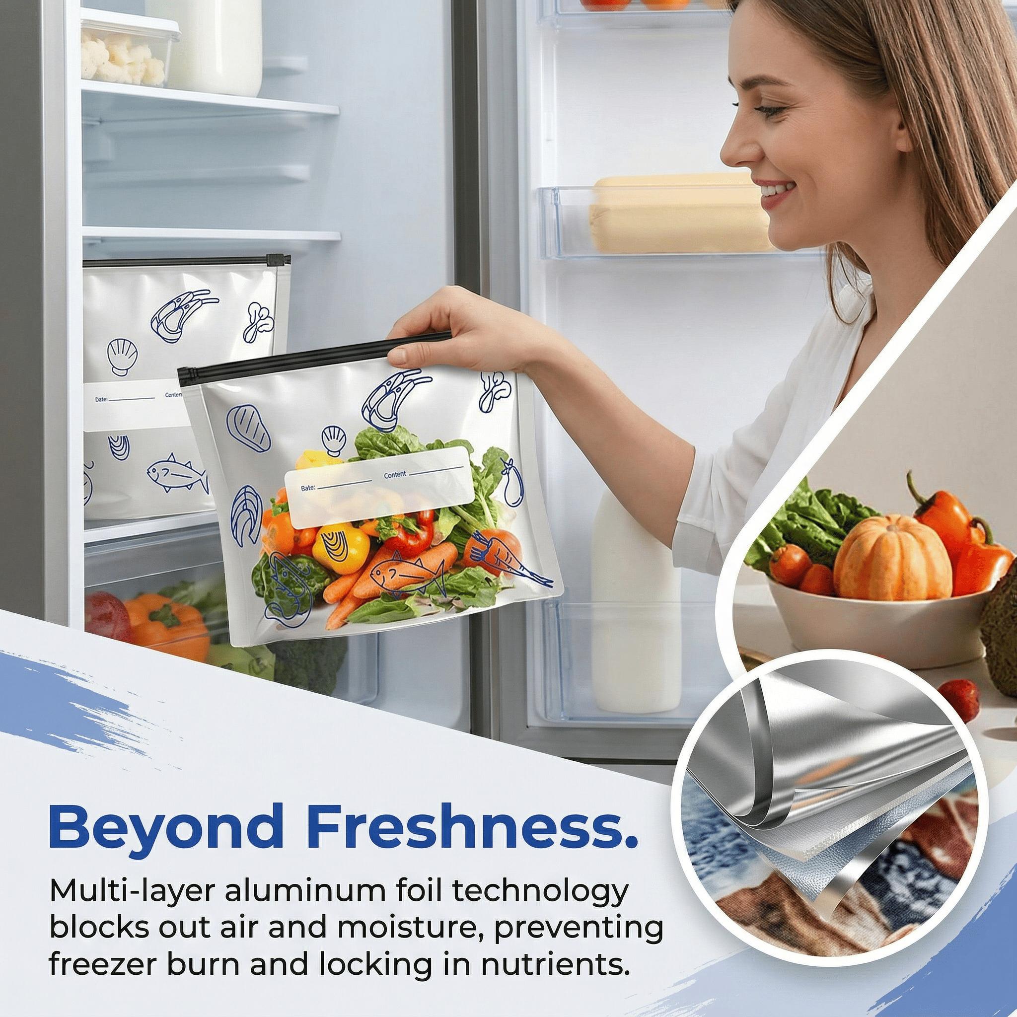Aluminum Foil Reusable Freezer Bags, Food Grade Leak Proof Ziplock Food Storage Bags with Write-on Label, FCM Certified BPA Free Freezer Safe Bags for Meat Seafood Meal Prep Refrigerator Organization Picnic Travel