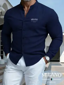 2026 Spring/Summer Italian Milan MILANO Stand up Collar Bubble Yarn Texture Long Sleeve Shirt Old Money Style, Casual Chic Minimalist, Relaxing Non Ironing Shirt Suitable for Middle aged Mature Business Men/Seaside Vacation Beach Vacation/Daily Commuting