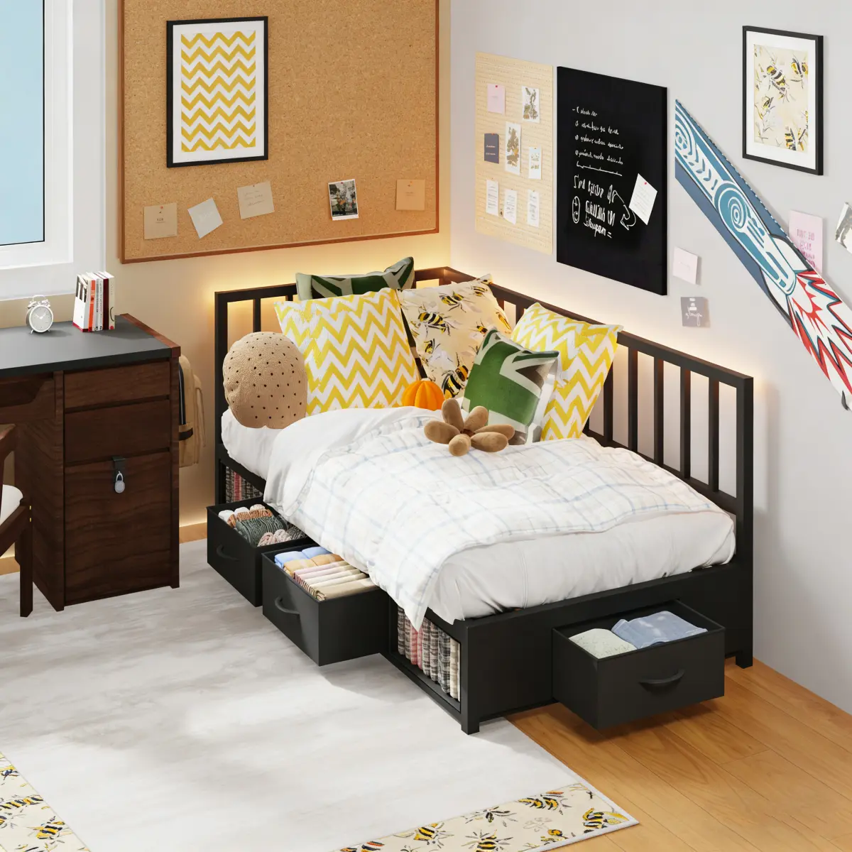 Modern Corner Storage Bed Frame (Twin, Black) - Convertible Sofa Bed with Pull-Out Cabinet, Bookshelf, Headboard Storage & Drawers, LED Lights for Small Spaces (No Box Spring Needed)