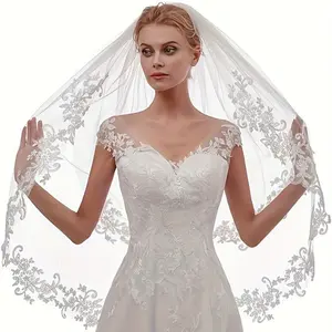 Elegant white cathedral veil for ladies with comb and lace design; short double veil for brides and formal events; classic veil with a lace touch