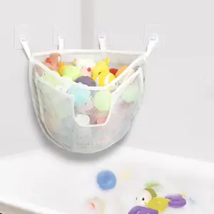 Large Capacity Corner Mesh Bath Toy Organizer Holder with Bottom Zipper and Large Pocket, Quick Release Bath Toy Storage Basket Bin for Bathroom Toys, White
