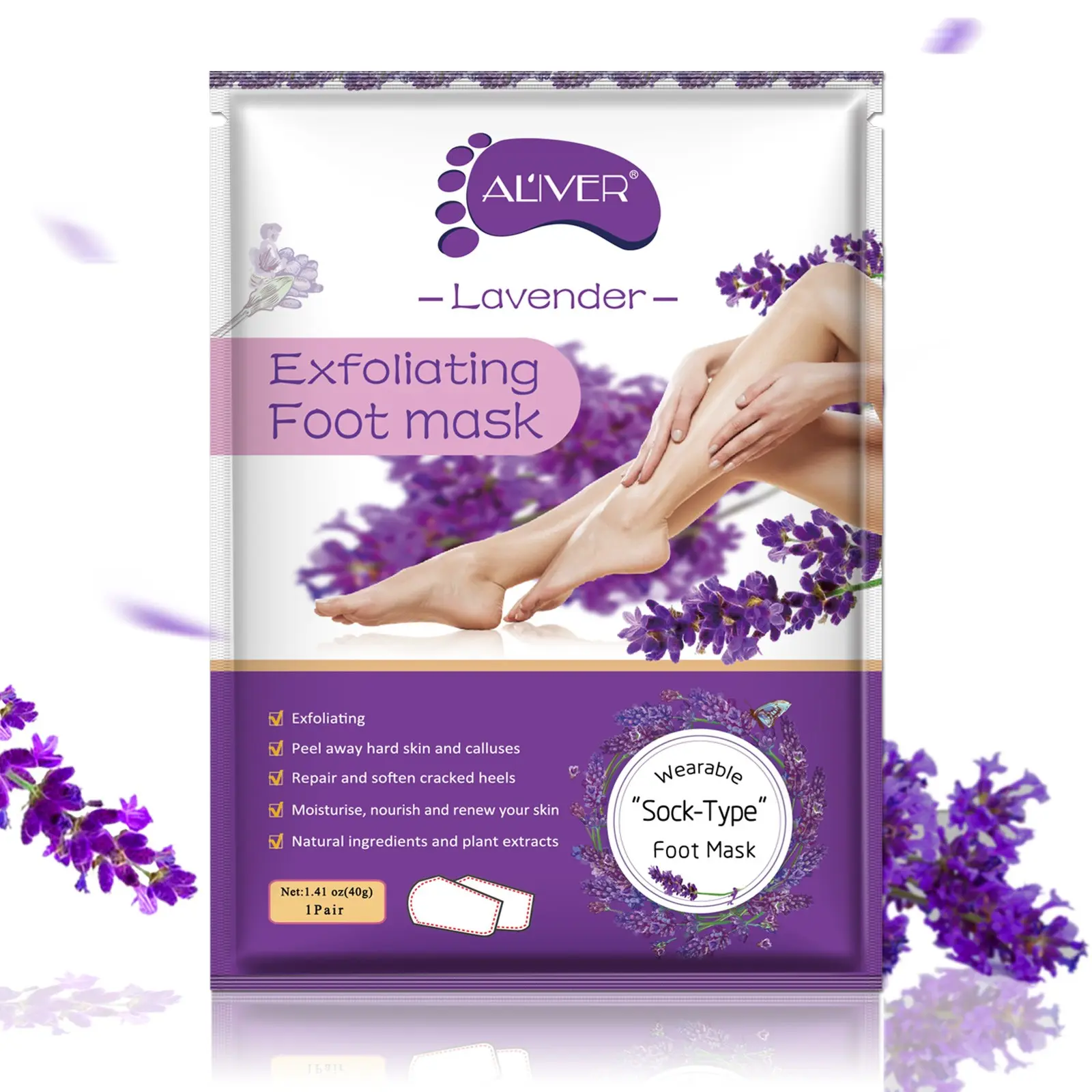Aliver Lavender Soothing Relaxing Moisturizing Foot Peel Mask, Exfoliating Callus Remover with Lactic Acid, Malic Acid, Urea, Hydrating Care Gift, Foot Care Product