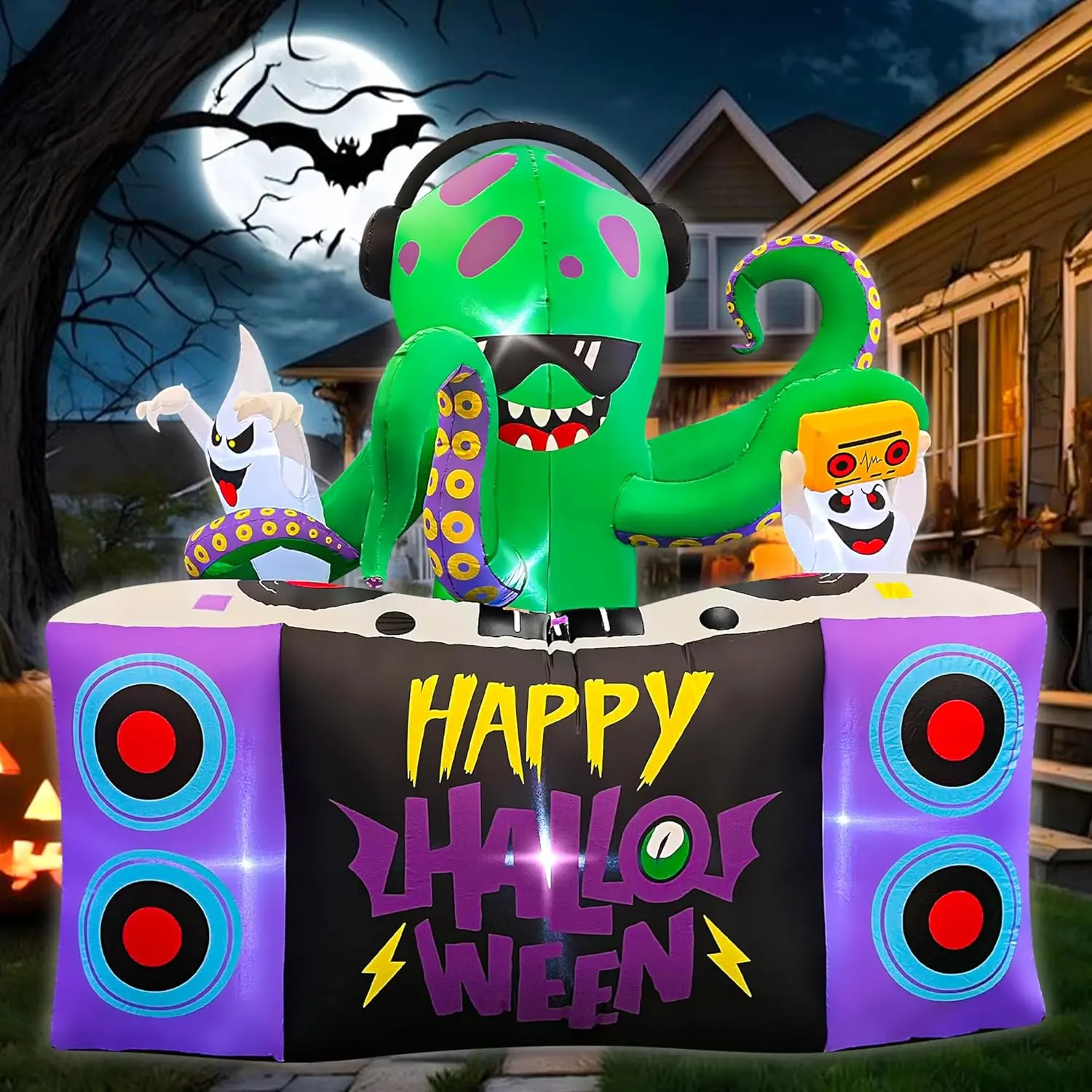BLOWOUT FUN Halloween Inflatables,6FT DJ Octopus Playing Music on Turntables with Ghost Decoration Built-in LEDs Blow Up Yard Halloween Outdoor Spooky Ghost Decor for Lawn Garden Holiday Partyspooky season decor, spooky yard decor, halloween yard decor, h