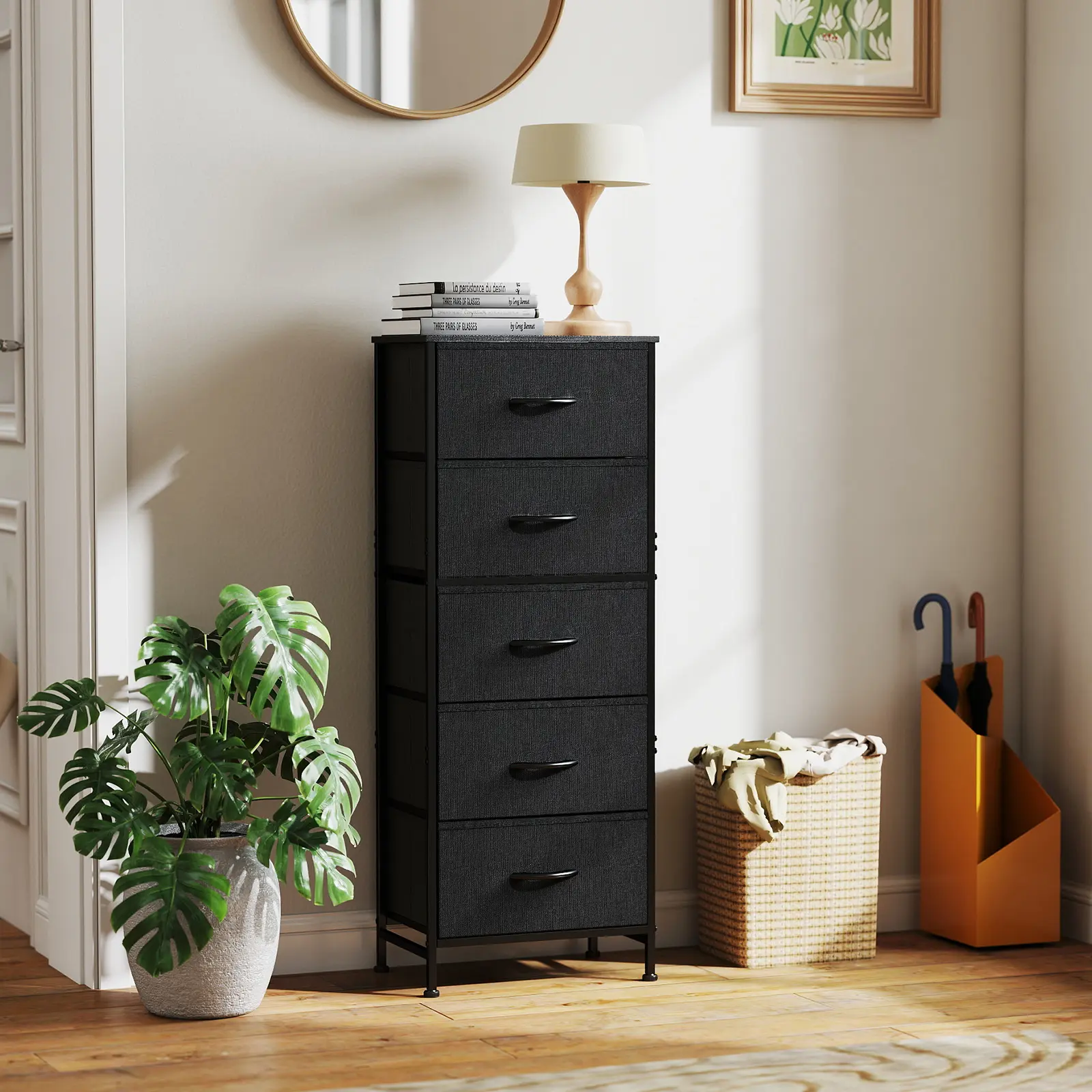 Sweetcrispy 5-Drawer Cabinet - Freestanding/Stackable Modern Chest of Drawers with Fabric Bins, Sturdy Steel Frame, Space-Saving Vertical Design, Durable Artificial Wood Top, Easy Assembly for Closet Clothing Organization, Cupboard, Dresser For Bedroom