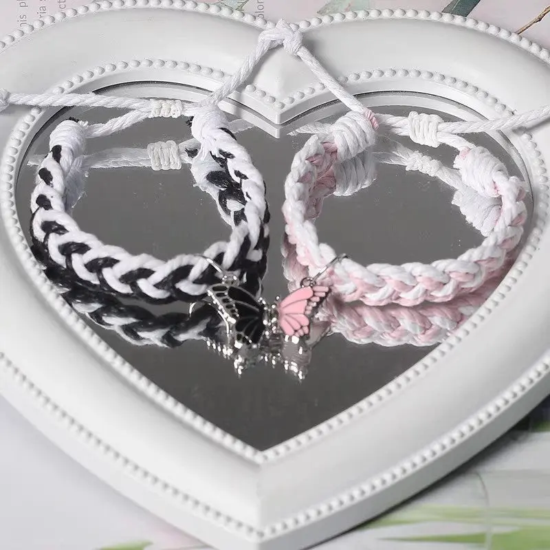 Magnetic Butterfly Couple Bracelets for Boyfriend and Girlfriend Adjustable Braided Rope Matching Relationship Bracelets Long Distance Friendship Jewelry Gift Set