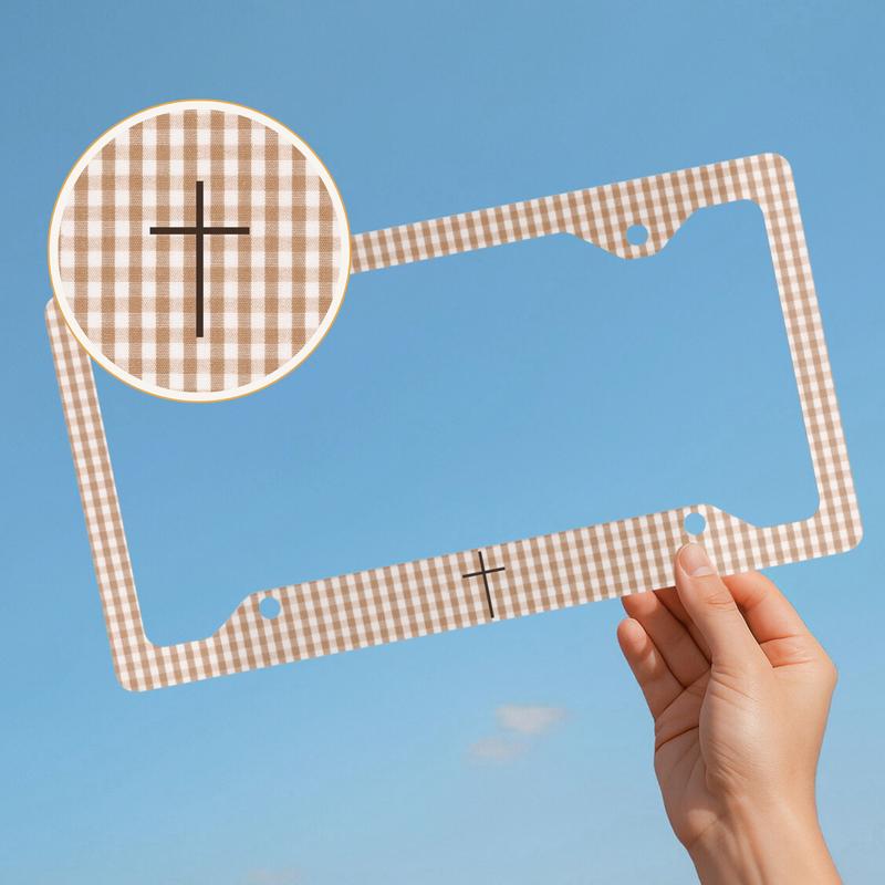 Christian License Plate Frame with Cross, Brown and White Gingham Checkered Pattern Car Accessory