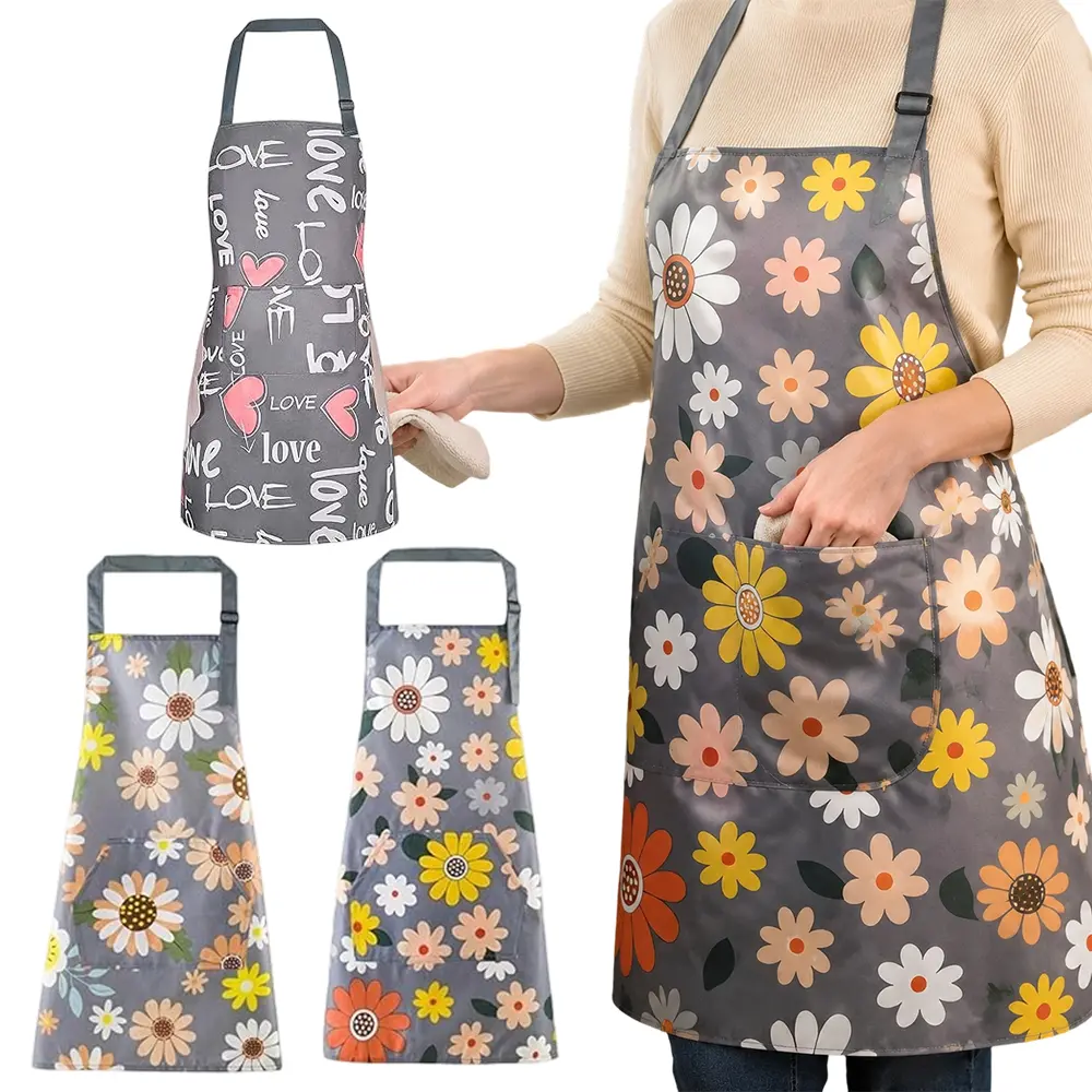 3 Pack Floral Aprons with Pocket, Blooming Womens Aprons Waterproof Adjustable Cooking Apron for Kitchen Gardening