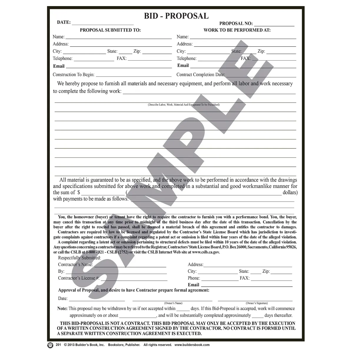 201 - Bid Proposal Contractor Form (Pack of 25 Forms)