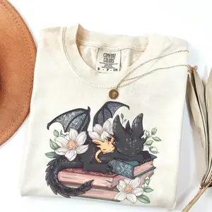 Comfort Colors Fantasy Book Dragon Tee – BookTok Aesthetic Shirt for Women, Floral Dragon Book Lover Gift, Cozy Reader Soft Cotton Outfit