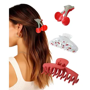 L-HDW006 3 Pack Fruit Hair Claw Clips for Women, Non-slip Acrylic Cherry Strawberry Lemon Hairclips Cute Hair Claws for Styling for Spring Summer Party (Cherry)