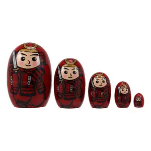 Red Japanese Samurai Wooden Stacking Matryoshka Nesting Dolls 5 Piece Set Toy