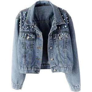 Women's Oversized Denim Jacket Embroidered Pearls Beaded Jeans Coat