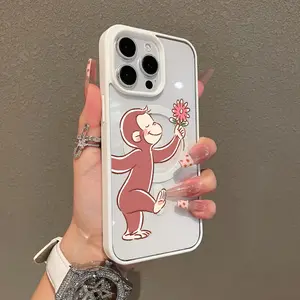 Magnetic Compatible Case for iPhone 16 E Pro Max 15 Plus 14 13 12 11 XS XR, Curious George Floral Illustration Aesthetic Print | Shockproof, Silicone, Lightweight, Scratch Resistant, and Trendy Protection