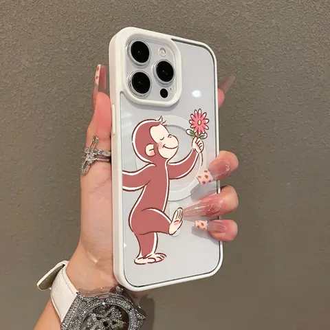 Magnetic Silicone Cellphone Case Protector for iPhone 16 E Pro Max,15 Plus,14,13,12,11,XS,XR - Curious George Flower Illustration Aesthetic Print, Shockproof, Lightweight, Handheld-Friendly, Scratch-Resistant, Durability Focus Devices Accessory
