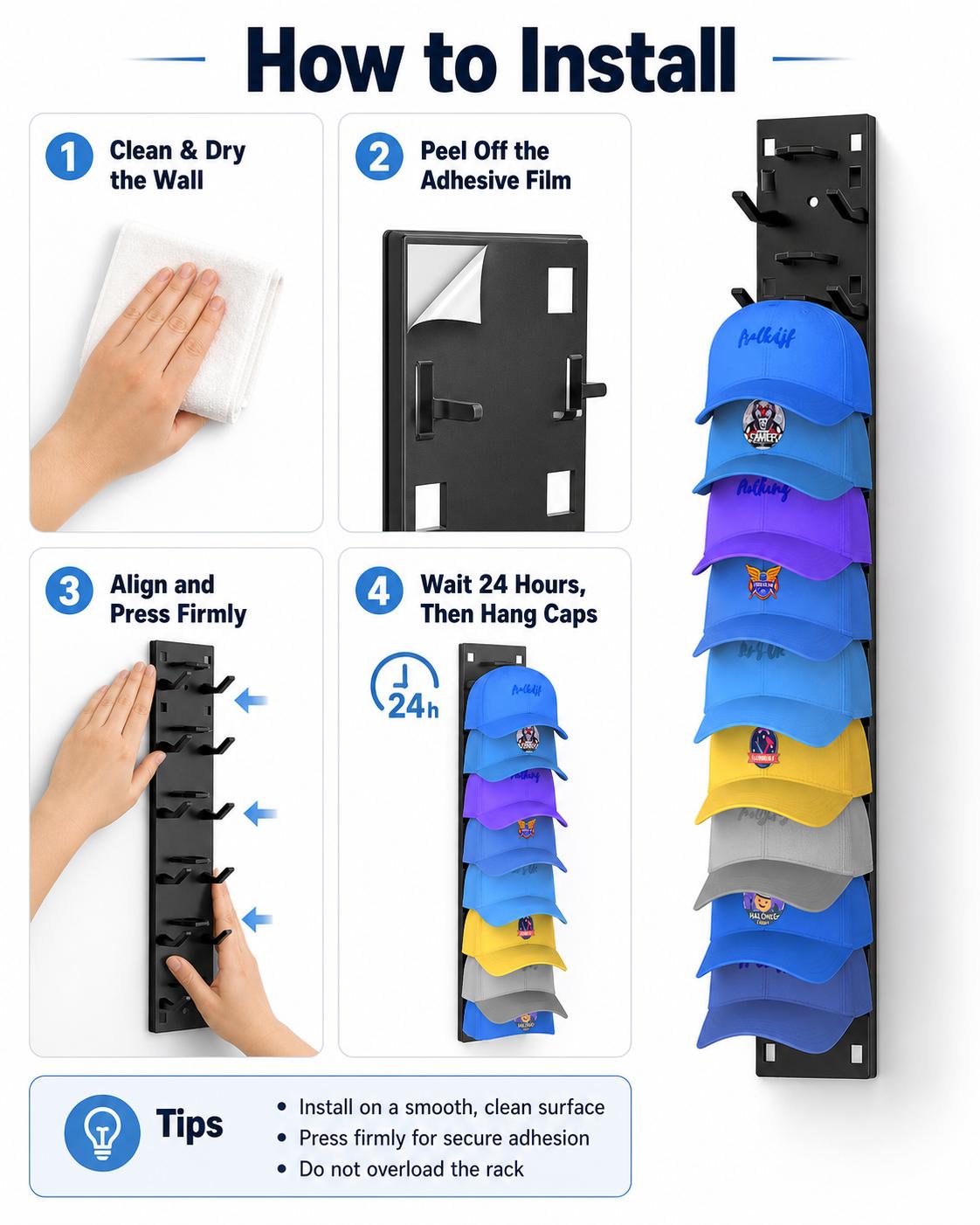 2 Hat Organizer Wall Mounted Baseball Cap Rack Black or White Adhesive Mount Holds 18 Hats for Closet Door Bedroom Easy Access Display Installation