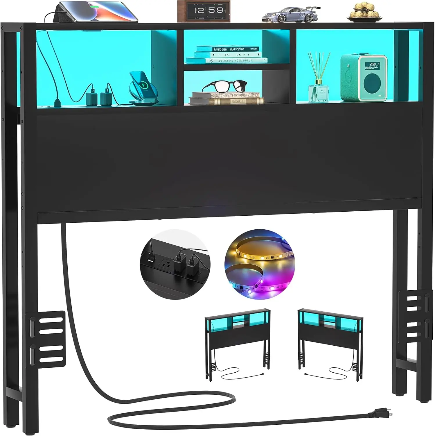 Headboard for  Size Bed with Storage, Headboards with Outlets, USB Ports and LED Light,  Size  Board Only, Height Adjustable, Reversible, Sturdy and  Headboard, Black