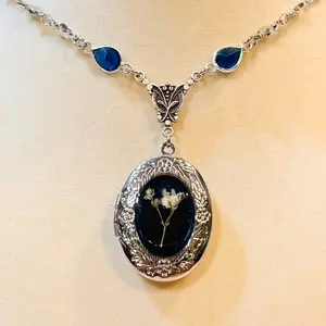 Natalia Heart Locket Necklace with Blue Beads & Floral Design in Heart Shape - Handmade with Real Dried Flowers, Stainless Steel Chain, 16" Length