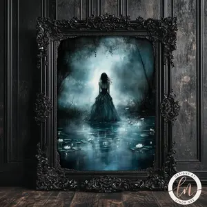 Gothic Print, Vintage Vibes Poster, Woman Walking into the Lake Dark Academia Print, Dark Decor Aesthetic, Moody Victorian Printing, Room Decor, Unframed