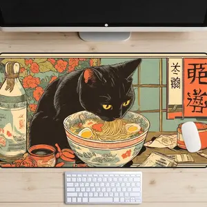 [Sale up to 50%] [Free Ship] Cats Love Ramen Desk Mat, Ramen Shop Desk Pad, Black Cat Desk Topper, 90's Tokyo Pop Art Mousepad, Lofi Kitty Laptop Mat, Vintage, Retro