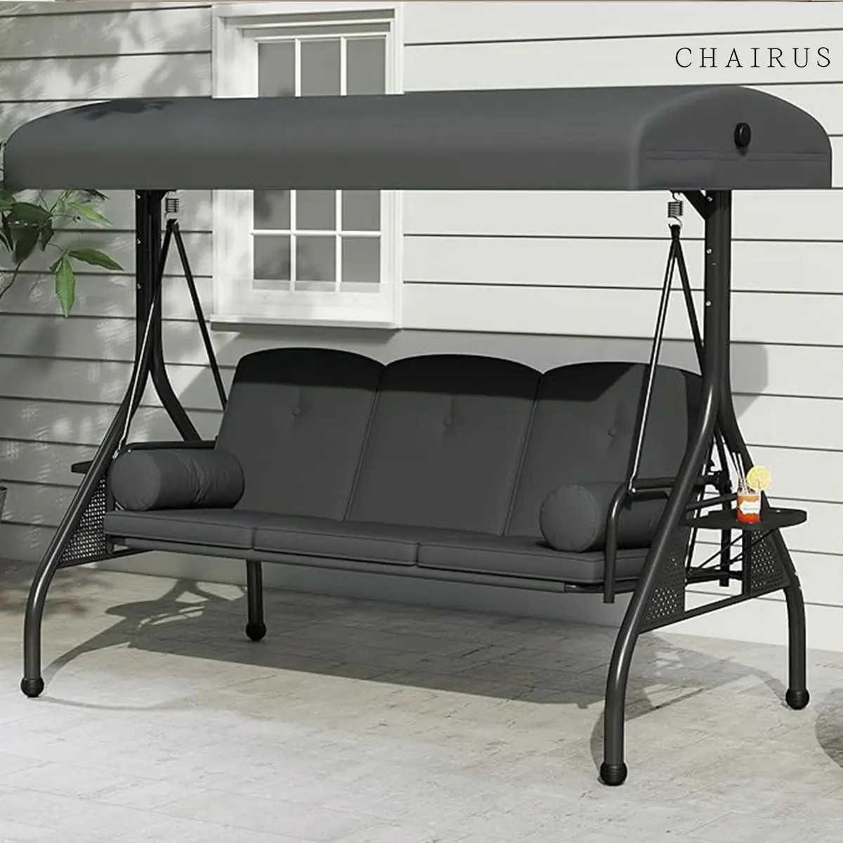 CHAIRUS  Waterproof Porch Swing with Stand, Meatl Outdoor Swings for Adults, All Weather Outdoor Patio Swings with Canopy, Yard Swing with Canopy, 2 in 1 Swing Bed with Cupholders and Pillows for Backyard summergarden,outdoorfurnitureset