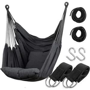 Hammock Chair Hanging Rope Swing Seat for Indoor Outdoor, Sturdy Cotton Weave Hammock Swing, Max 300Lbs Hanging Hammock Chair (Pole and Pillows NOT Included, Gray)