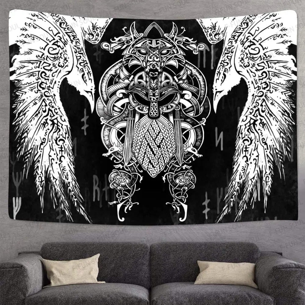 Vikings Tapestries Norse Warriors Tapestry 80x60inches Scandinavian Tapestry Twins Ravens Nordic Viking Odin Wall Hanging Tapestries for Living Room Bedroom Viking Decor GTLSFS411