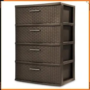Storage Drawer, 4 Drawer Plastic Weave Wide Tower With Pull Handles, Brown