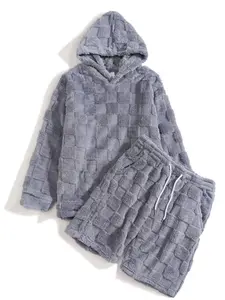 Men's Autumn Winter Plush Checkered 2-Piece Tracksuit - Hoodie with Drawstring Hood & Drawstring Shorts Set, Soft Fleece Fabric for Cozy Casual/Home/Outdoor Wear, Hooded Sweatshirt Set, Multiple Colors Optional