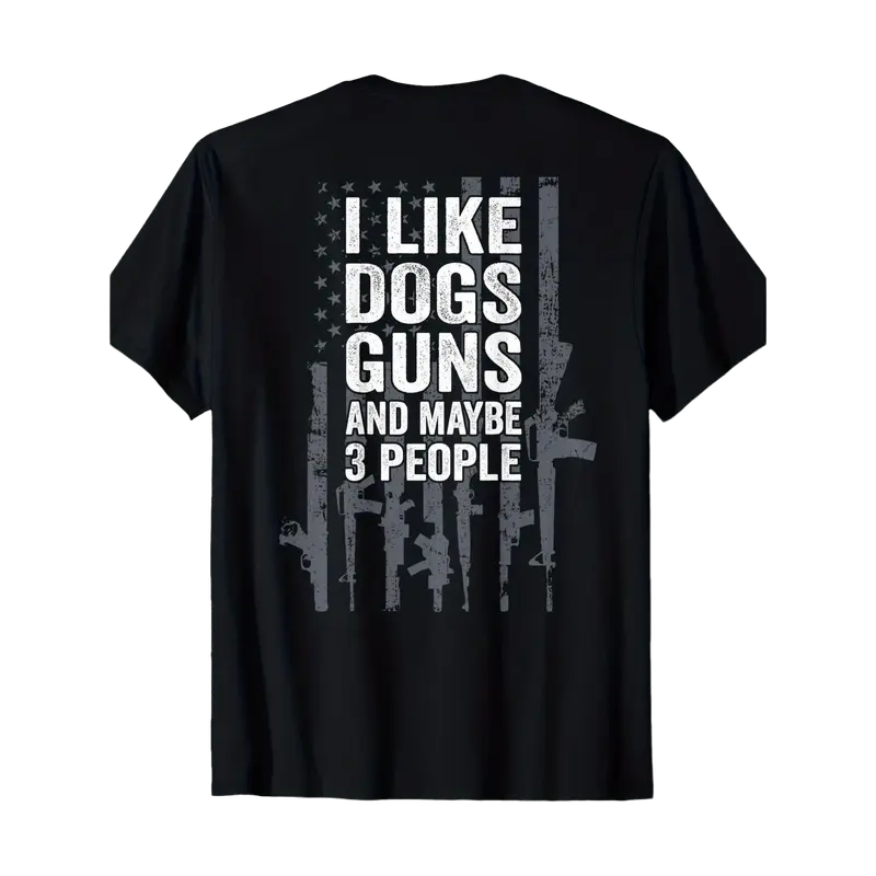 Men's Cotton Short-Sleeve Round Neck Stitch Graphic T-Shirt - Casual Streetwear Tops with Funny Back Gun Print, I Like Dogs, Guns and Maybe 3 People Slogan, Classic Design