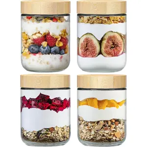Overnight Oats Jars 4 Pack 16oz – Glass Food Storage Containers with Bamboo Lids for Yogurt, Snacks & Meal Prep