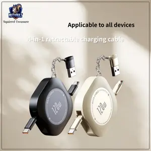 Squirrel Treasure 4-in-1 Retractable 120W Universal Charge Auto-Return 4ft Cable for iPhone Android iPad Samsung Laptops with Lightning USB USB-A ThermalSafe No Overcharge Travel Charger