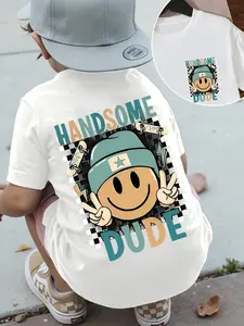 Kids Boys Girls Short Sleeve T-Shirt "HANDSOME DUDE" Smiley Skateboard Checkerboard Graphic Tee Casual Streetwear Top
