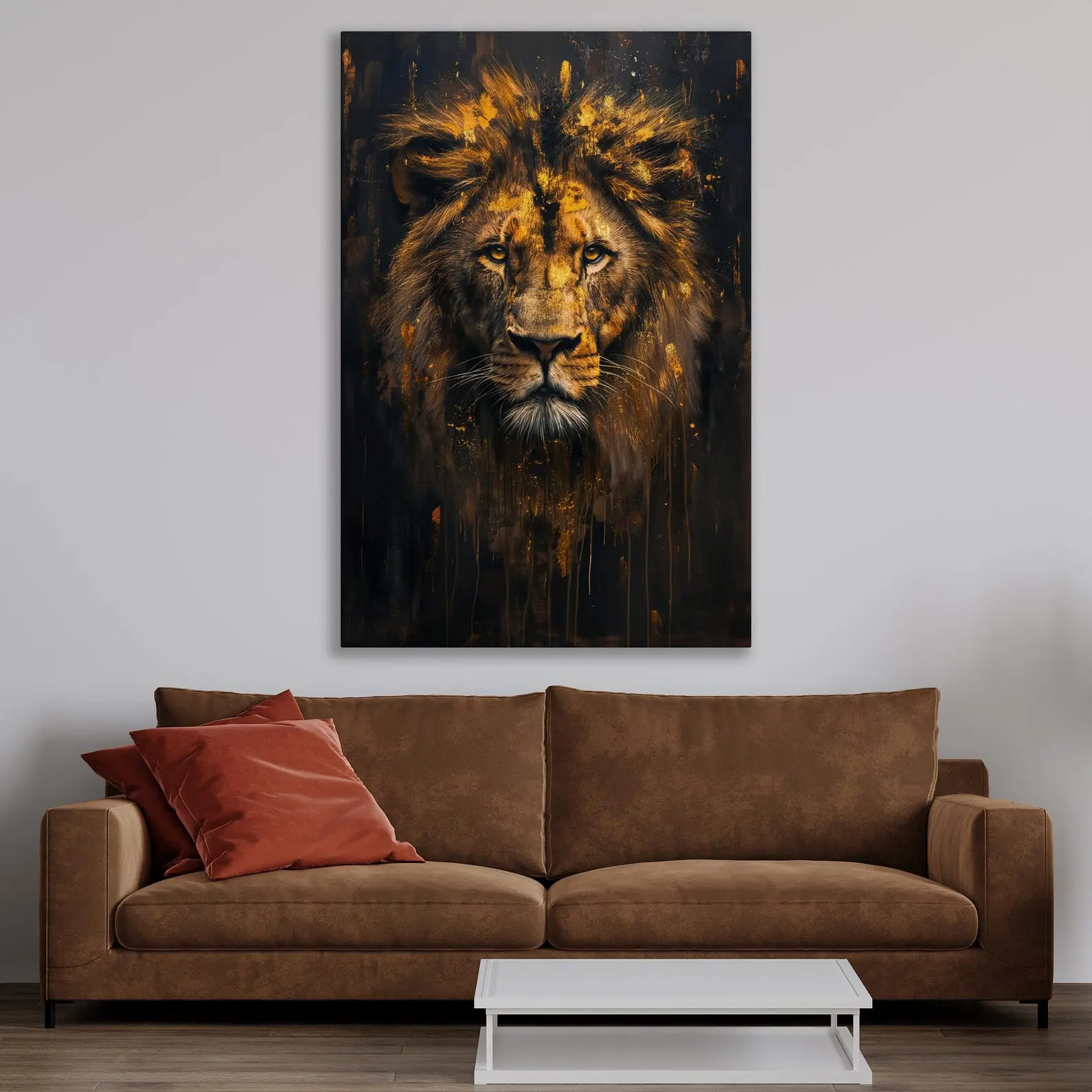 [UNFRAMED POSTER] Majestic Lion Golden Abstract Painting Print King of the Jungle Canvas Wall Art Royal Animal Wall Decor Wildlife Ready to Hang Large Poster