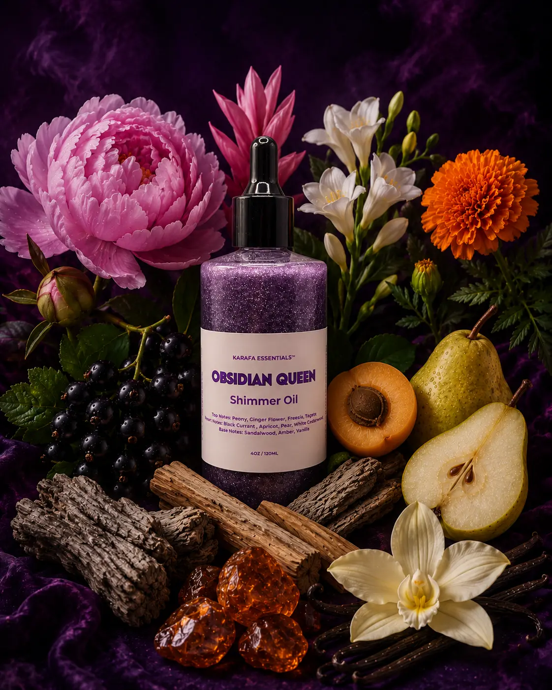 Obsidian Queen Moisturizing Body Oil Peony, Ginger Flower, Freesia, Tagete, Black Currant , Apricot, Pear, White Cedarwood, Sandalwood, Amber, Vanilla by Karafa Essentials