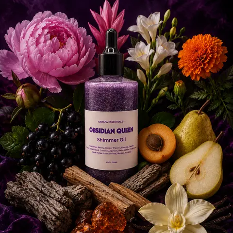 Obsidian Queen Moisturizing Body Oil Peony, Ginger Flower, Freesia, Tagete, Black Currant , Apricot, Pear, White Cedarwood, Sandalwood, Amber, Vanilla by Karafa Essentials