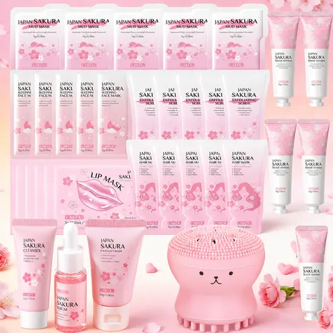 34 or 25 PCS Sakura Skin Care Set, Facial Cleanser, Face Mask, Lip Mask, Anti-Aging Serum, Moisturizer Facial Cream, Hair Mask, Exfoliating Scrub, Mud Mask, Hand Cream, Essence Cream for Women Teen Girls Mom Daughter Mother's Day Christmas Birthday