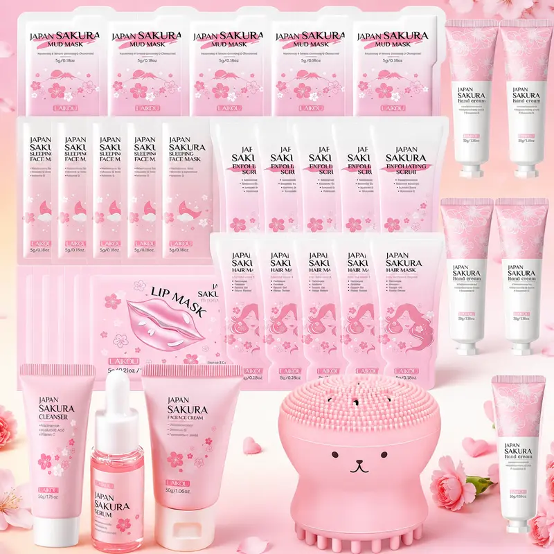 34 or 25 PCS Sakura Skin Care Set, Facial Cleanser, Face Mask, Lip Mask, Anti-Aging Serum, Moisturizer Facial Cream, Hair Mask, Exfoliating Scrub, Mud Mask, Hand Cream, Essence Cream for Women Teen Girls Mom Daughter Mother's Day Christmas Birthday