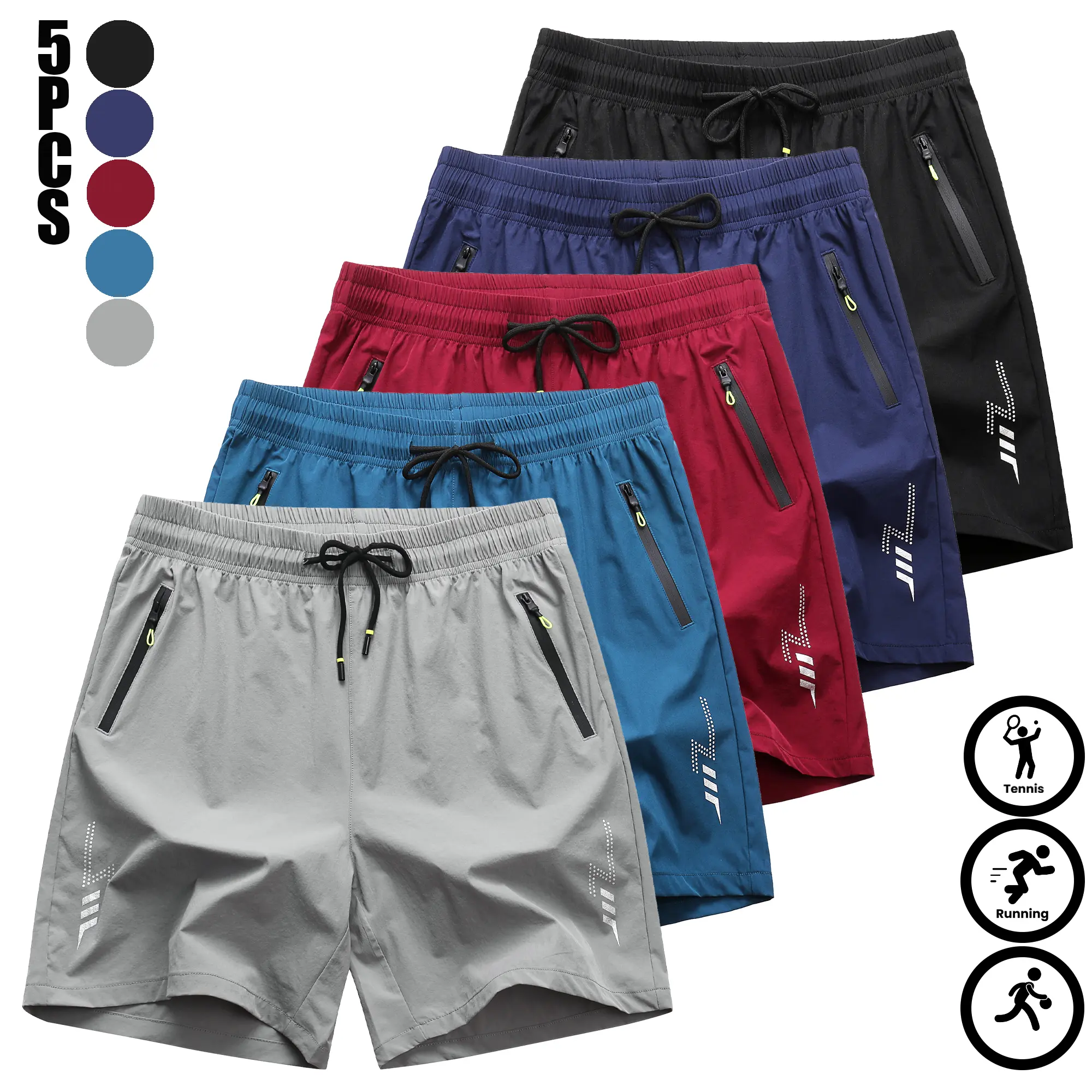 Men’s summer quick-dry casual shorts set — breathable, loose long-leg running/sports casual shorts; available in packs of 1–5; TikTok Shop deals; men’s gift; solid black; stylish spring prints; men’s shorts; sports shorts; polyester fabric