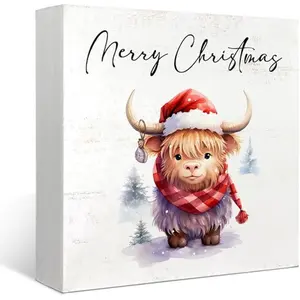 Merry Christmas Cow Sign, Wooden Box Indoor Table Decor, Farmhouse Rustic Wood Block Plaque for Home Desk, Holiday Gifts,5x5 inch