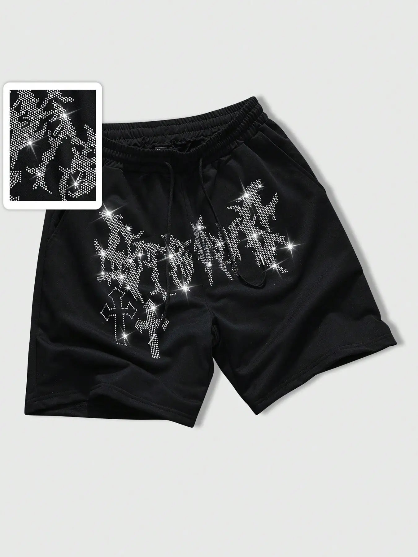 Men's Casual Shorts, Thorn Cross Stitch Rhinestone Graphic Print, Adjustable Drawstring Waist, Streetwear Livehouse Dance, Trendy Men, Casual Athletic Shorts, Casual Sporty Shorts